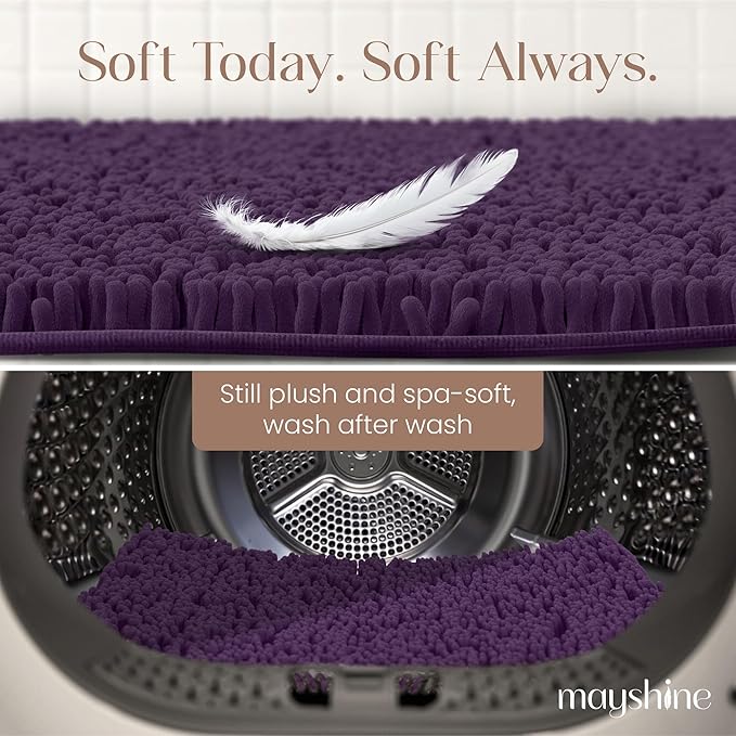 MAYSHINE Plush Shaggy Chenille Bath Mat | Extra Soft, Super Absorbent, Non-Slip Bathroom Rug | Fluffy Microfiber, Area Rug Sets for Bathroom Floor, Kitchen, Living Room | 39"x24" | Plum