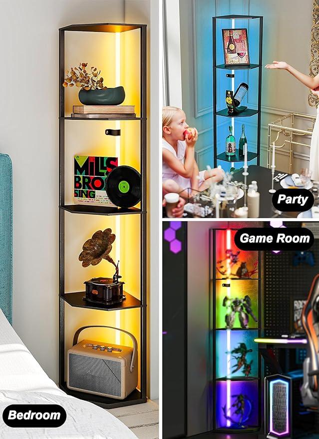 Smart Corner Shelf with Light 5-Tier Display Shelf & Floor Lamp w/ APP & Remote Control RGB LED Display Curio Case for Collectibles Dimmable Space-Saving Corner Shelves for Living Room Bedroom Decor
