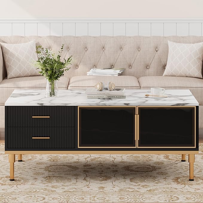 Coffee Table, Black Center Table for Living Room, Modern Large Coffee Tables with Storage 4 Drawers & 2 Glass Door Storage, Faux Marble Top, Gold Metal Leg, Hidden Compartment for Reception Room