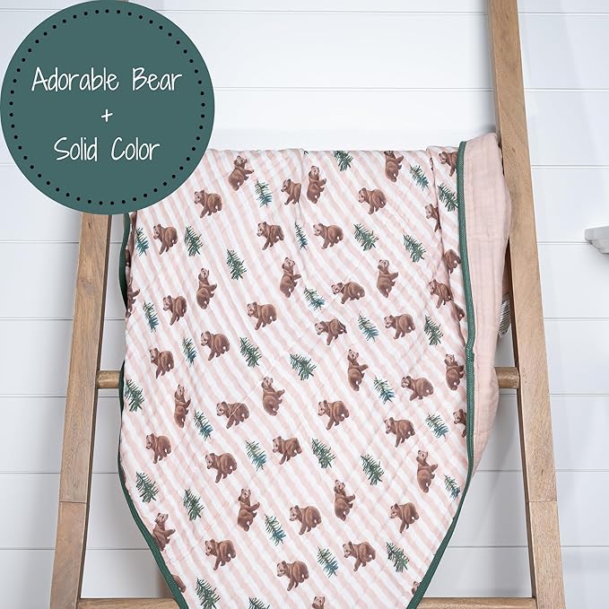 LollyBanks Muslin Baby Blanket 100% Organic Cotton, Muslin Quilt Lightweight, 6 Layers Soft Blanket Neutral, 47"x 47" Toddler Blankets for Girls and Boys, Nursery Receiving Blankets (Bear Print)