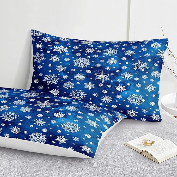 Bedorm Blue Snowflake Comforter Merry Christmas Bedding Set Xmas Holiday Theme Blue White Winter Bedding Happy New Year Quilt Comforter Set