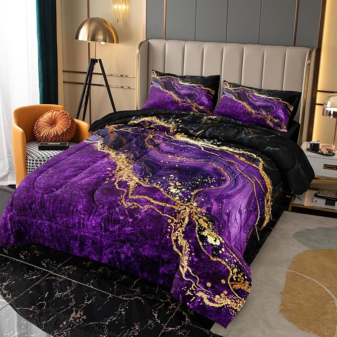 Black Gold Comforter Set Purple Marble Bedding Set Queen Size Black Marble Stone Abstract Artwork Bedroom Decor Black Marble Comforter Sets for All Season