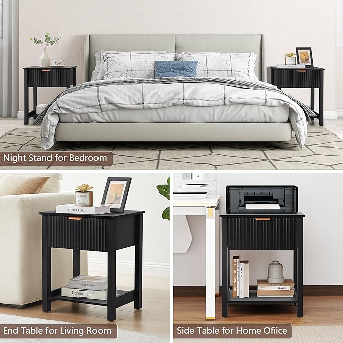 Modern Night Stand Set 2 with Drawer, Black Nightstand for Bedroom, Small End Table with Storage, Living Room/Bed Side Table with Drawer for Small Spaces, Fluted Nightstand Set of 2