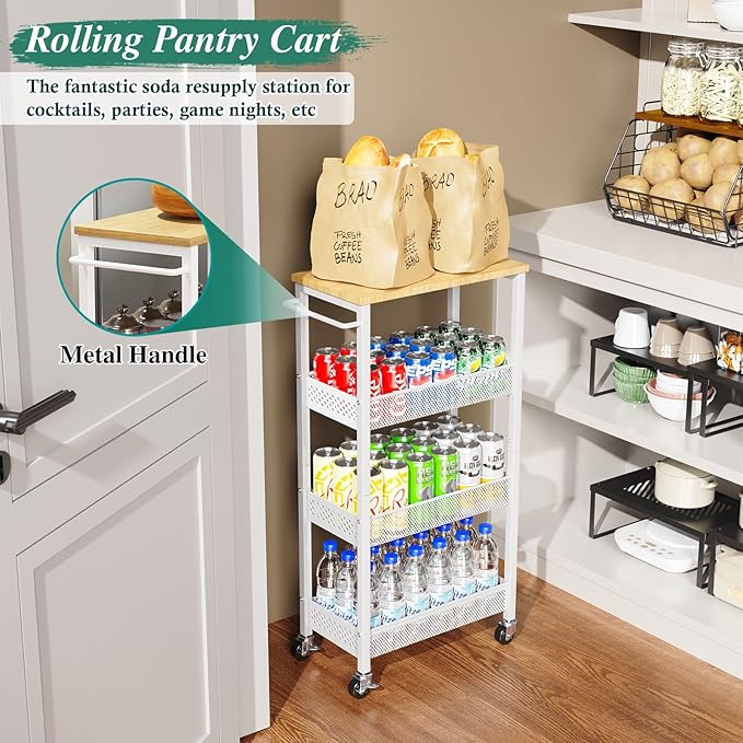 Utility Slim Storage Cart, 4-Tier Narrow Bathroom Organizers and Storage Cart, Narrow Metal Kitchen Laundry Room Organization Shelf with Wood Top, Slim Rolling Carts with Wheels for Small Space