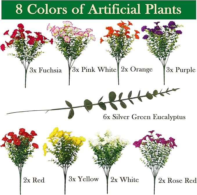 Artificial Outdoor Flowers Fake Plants for Spring Summer Decoration 20 Bundles Silk Morning Glory + 6 Eucalyptus Stems UV Resistant Colorful Faux Flowers for Outside Planter Porch Yard Patio Balcony