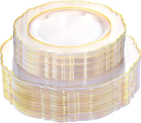 WDF 100pcs Clear Disposable Plastic Plates With Gold Trim - Baroque Clear Gold for Parties or Wedding or Father's Day - including 50PCS Dinner Plates 10.25inch and 50PCS Salad Plates 7.5inch