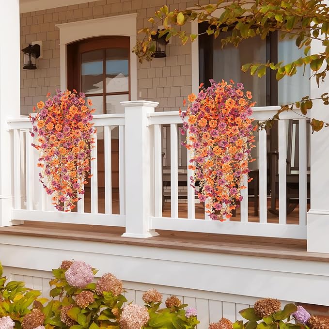 4PCS Fall Artificial Hanging Flowers Plants for Outdoors, 4Pcs Faux Silk Flowers with Eucalyptus Leaves, Fake Fall Flowers for Autumn Home Patio Porch Outside Decor (Orange Red)