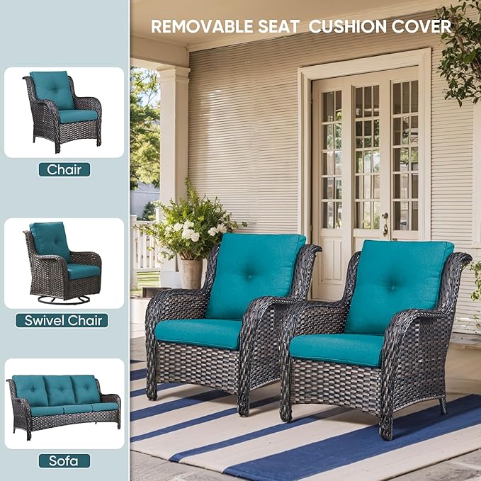10-Piece Outdoor Patio Cushion Set - Fade & Water Resistant with Removable Olefin Cover, 22x24x4 Inch Memory Foam Cushions for Wicker Sectional Sofa – Peacock Green/Buckle
