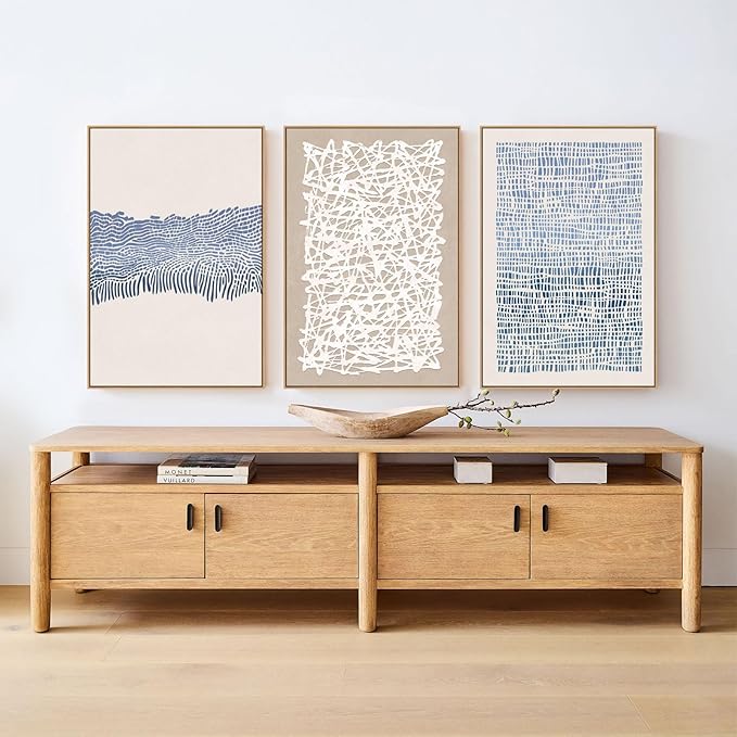 SAFERRYHOME Mid Century Neutral Blue Contrast Boho Wall Art - Modern Framed Canvas Prints Large Abstract Zen Lines Geometric Pattern Decor for Living Room, Home Office, Dining Room - 3 Pieces 24x36 Inch