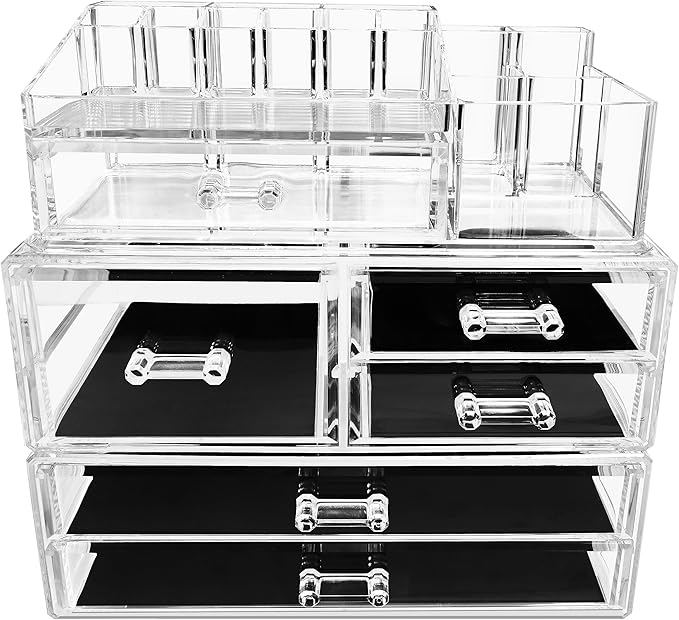 Sorbus Huge Acrylic Makeup Organizer - Extra Large Makeup Case & Display - Stackable 3 Piece Cosmetic Organizers and Storage Set with Acrylic Drawers - Great Vanity, Dresser & Bathroom Organizer