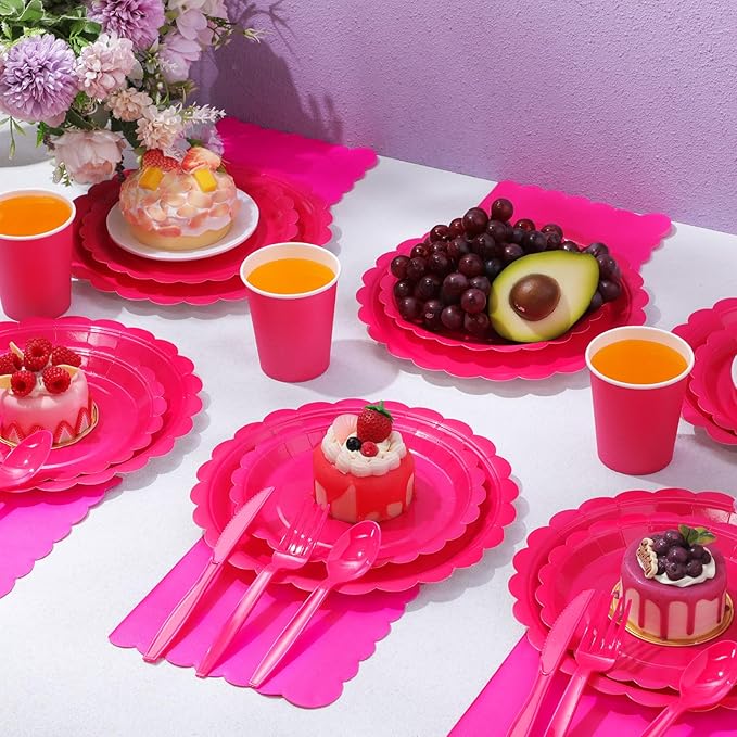 350 Pcs Hot Pink Plates and Napkins, 50 Guest Breast Cancer Awareness Party Supplies Include Scalloped Paper Plates Napkins Cups Plastic Spoons Forks Knives Disposable Tableware Set for Women