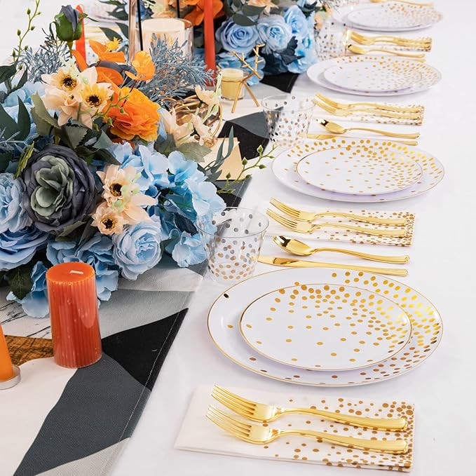 U-QE 350PCS White and Gold Plastic Dinnerware Set - Graduation Plates and Napkins 2025 - Graduation Party Supplies Include Gold Dot Plastic Plates, cutlery, Napkins, Cups