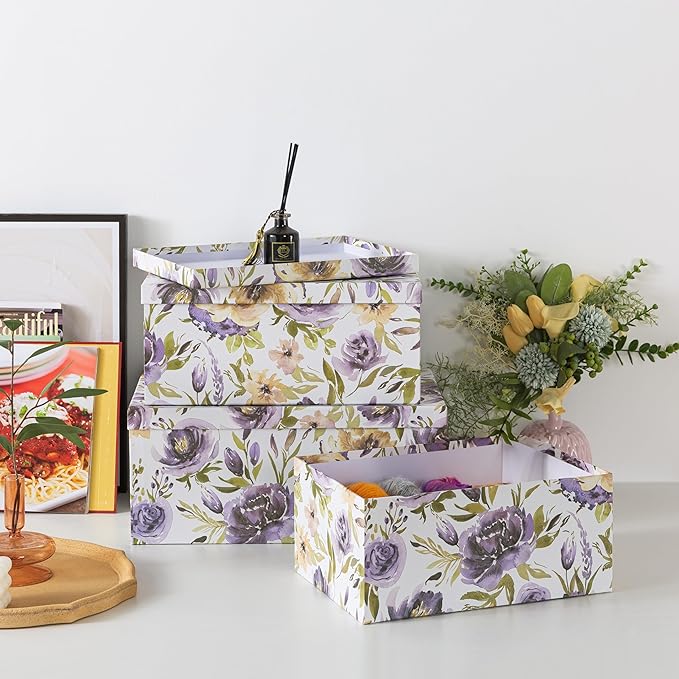 Soul & Lane Decorative Cardboard Storage Boxes with Lids for Home Decor and Organization, Set of 3 Large Keepsake Boxes for Memories & Gifts, Nesting Floral Photo Storage Containers, Purple Passion