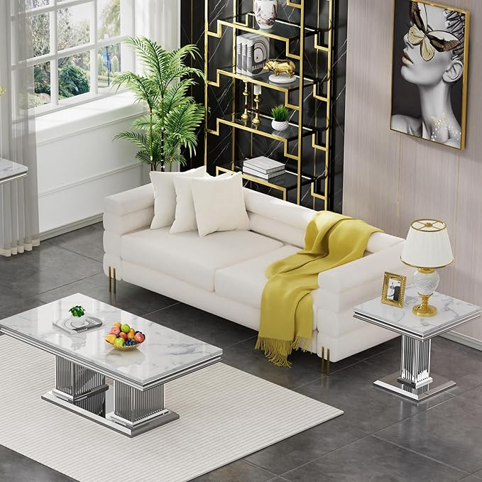 SSLine Modern White Faux Marble End Table Luxury Square Sofa Side Table with Silver Pedestal Base Mid-Century Elegant Bedside Table w/Mirrored Stainless Steel Frame for Living Room Bedroom