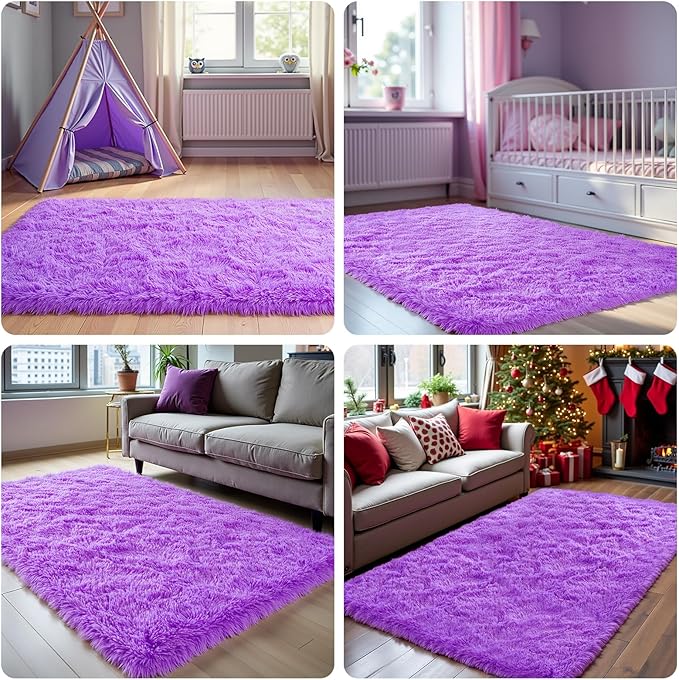 Purple Area Rugs for Bedroom Living Room, 3x5 Soft Fluffy Fuzzy Shag Plush Furry Carpet, Large Indoor Floor Mat for Kids Nursery Home Dorm Office Decor Aesthetic