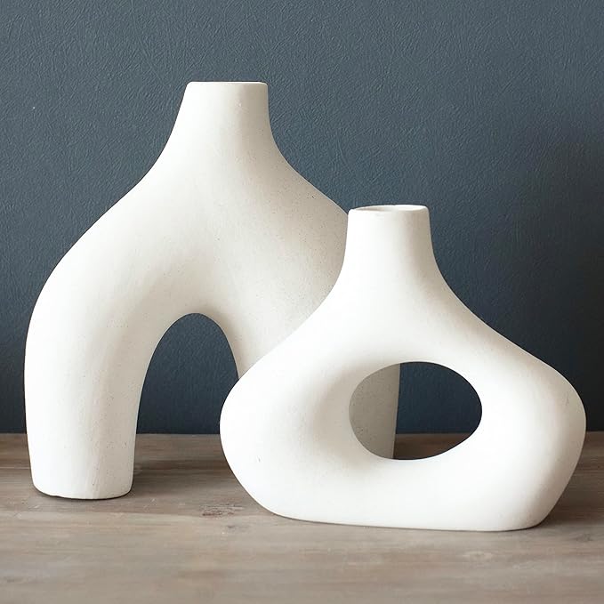 Carrot's Den Donut Vase, Set of 2 - White Large Ceramic Vase - Minimalist Nordic, Hollow | Table Centerpiece, Olive Plant, Wedding, Living Room, Bookshelf, Office, Modern Home, Entryway, Console