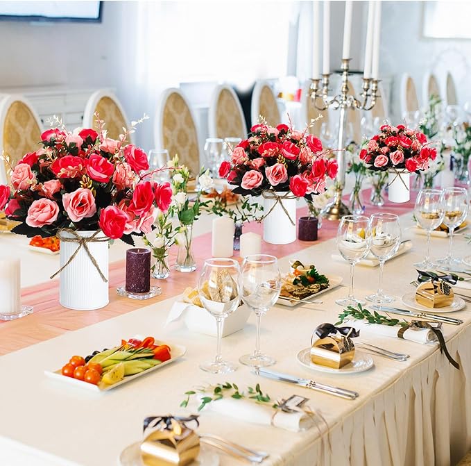 Domensi 12 Sets Wedding Centerpiece for Table Artificial Rose with Vase Fake Bouquets and Metal Pot Floral Arrangements for Holiday Party Event Table Decor (Rose Red)
