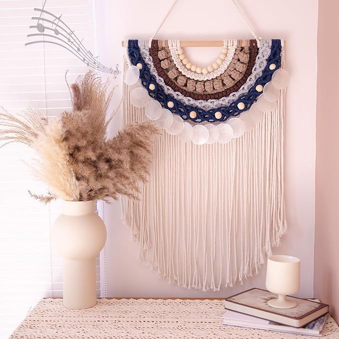 Remmdan Boho Macrame Wall Hanging: Colorful Macrame Decor with Capiz Shells, Bohemian Wall Art Decoration for Living Room Bedroom, Farmhouse, Apartment