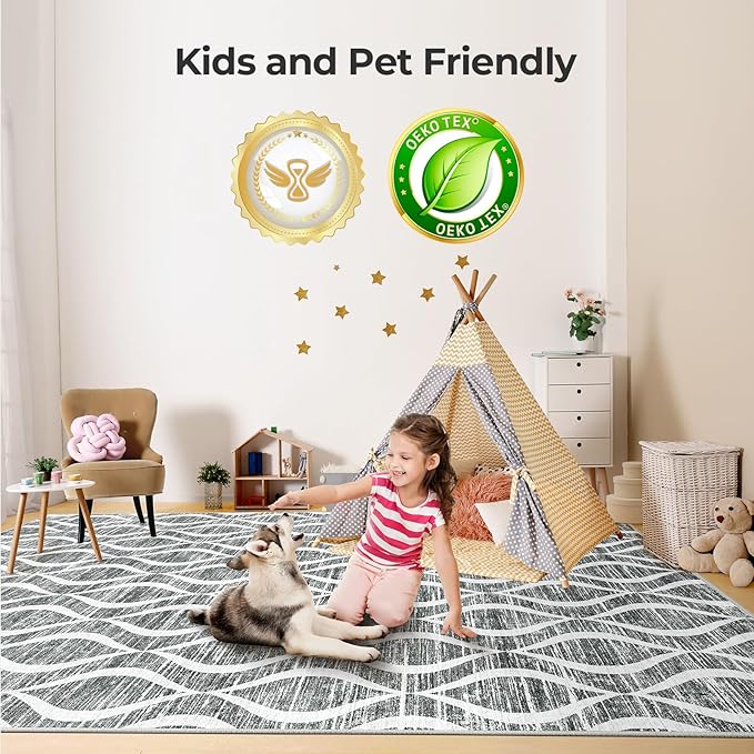 WITSHOCK Rugs for Living Room 5x7: Washable Non-Slip Soft Geometric Foldable Low Pile Large Boho Indoor Rug for Bedroom Dining Room, Carpet for Nursery Playroom Decor, Kid & Pet Friendly, Dark Grey