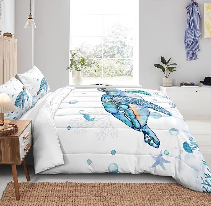 Sea Turtle Comforter Ocean Beach Bedding Twin Size Set Teal Blue Turtle Sea Horse Starfish Ocean Theme Printed Coastal Comforter Set for All Season