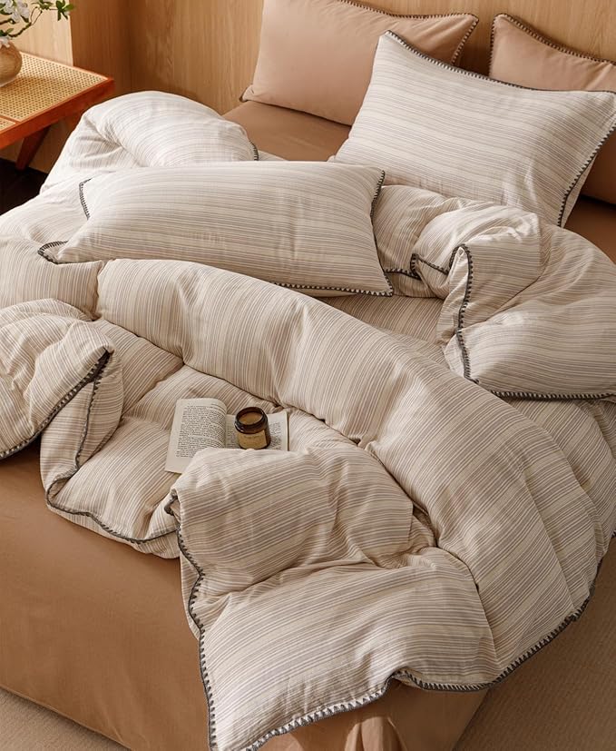 VM VOUGEMARKET Linen Duvet Cover King Striped Pattern Yarn Dyed Muslin Cotton Duvet Cover with Embroidered Edge Super Soft Cozy Bedding Set for Men Women,King Size