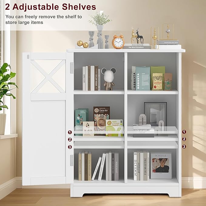 VECELO Bathroom Floor Storage Cabinet with 2 Adjustable Shelves, Freestanding Cabinet with 1 Door & 3 Open Compartments for Bathroom, White