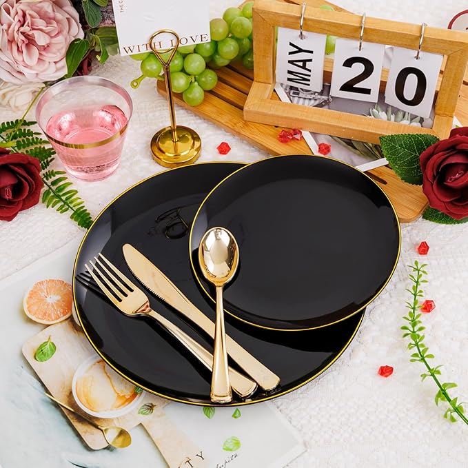700PCS Black and Gold Disposable Dinnerware Set - Includes 100 Black Plastic Plates, 100 Dessert Plates, 100 Gold Plastic Silverware Set, 100 Cups 9 OZ, 100 Napkins Ideal for Wedding Party Birthday
