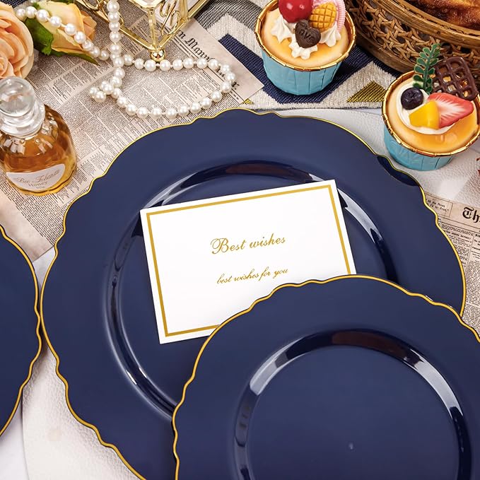 WDF 100pcs Blue Plastic Plates - Baroque Blue&Gold Disposable Plates for Parties/Wedding-50Plastic Dinner Plates 10.25in, 50Salad Plates 7.5in