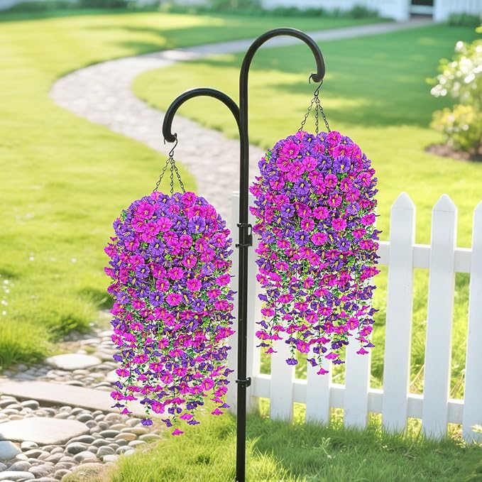 TOCHGREEN 2 Set Artificial Faux Outdoor Flowers with Hanging Basket,2 Hanging Planters Fake Silk Morning Glory Vines Eucalyptus in Planter UV Resistant for Home Front Porch Balcony Garden Yard