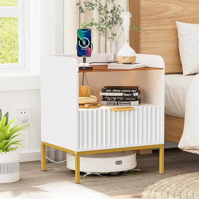 Nightstand Set of 2 with Charging Station, Mid Century Modern Night Stand, Fluted Bedside Table with Glass Top & Metal Legs, Wood End Table for Bedroom, Living Room (White)