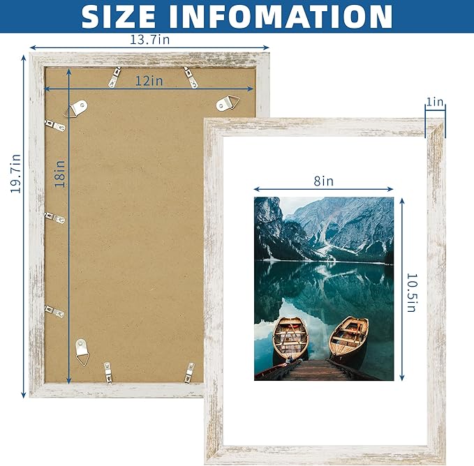 12x18 Frame Set of 2, Distressed White Wood Style, Display 12 x 18 Poster without Mat or 8.5x11 Picture with Mat, Wall Mounting Horizontal and Vertical