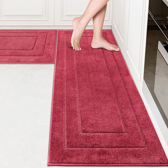PURRUGS Machine Washable Kitchen Rug Set [2 PCS] (24" x 35.5"+ 24" x 59"), Non-Slip/Skid Kitchen Runner Rugs & Floor Mats, Super Absorbent Soft Standing Mats for Kitchen, Laundry & Sink, Burgundy Red