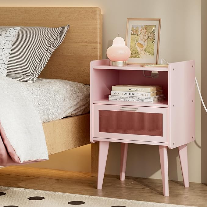 Nightstand with Charging Station, Bedside Tables Pink End Table Side Table with 2 Tiers Storage Space, for Bedroom Living Room MLBZ07PE