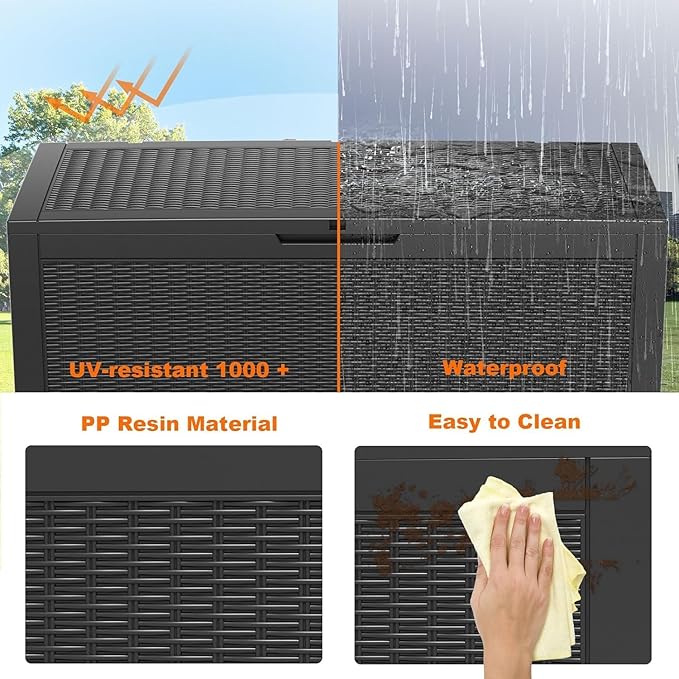 100 Gallon Deck Box,Resin Outdoor Storage Box with Lockable for Patio Furniture, Pool Accessories, Garden Tools Waterproof Outside Storage Box, Black Pattern