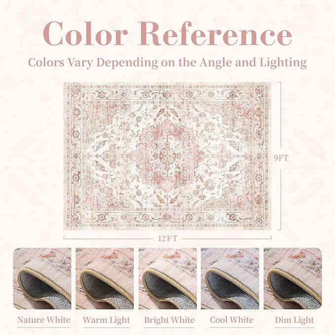 PADOOR-Vintage Area Rug 9X12 Rugs for Living Room-Soft Pink Rugs for Bedroom-Machine Washable Rug Non Slip Carpet-Rug for Dining Room Living Room Bedside Office