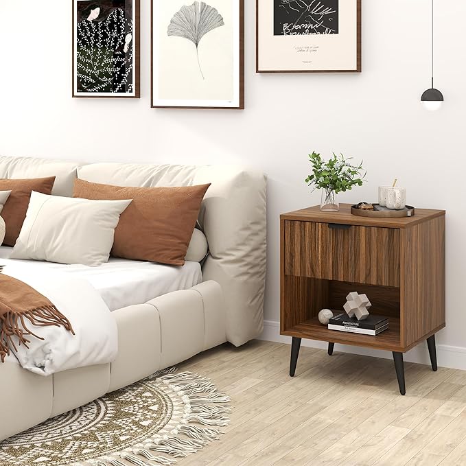 Fluted Nightstand, Natural Wood Nightstand with Drawer and Open Storage, Mid Century Fluted Side Table Modern Bedside Stand with Wood Veneer for Bedroom, Office, Walnut&Brown