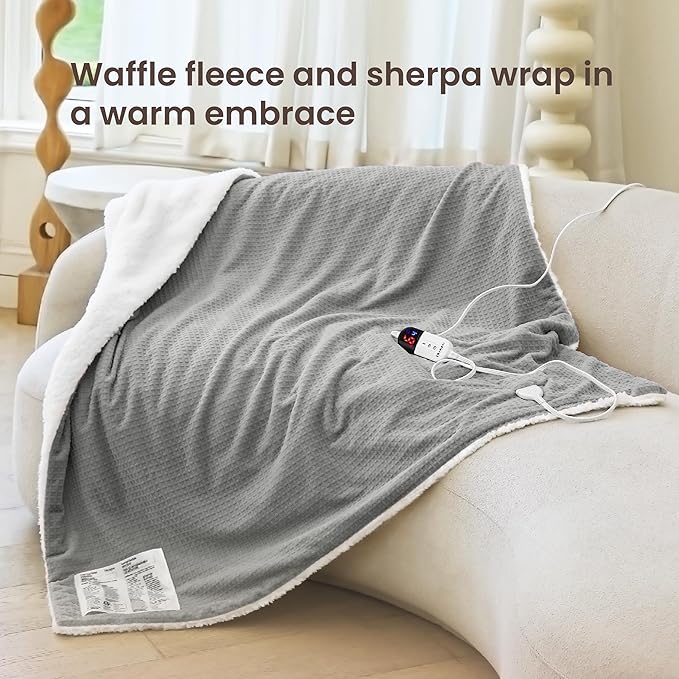 Heated Blanket Electric Throw Waffle, 50x60 Inches Sherpa Fleece Fast Heating Blanket 6 Heating Levels & 4 Hours Auto Off ETL Certification,Light Grey Throw
