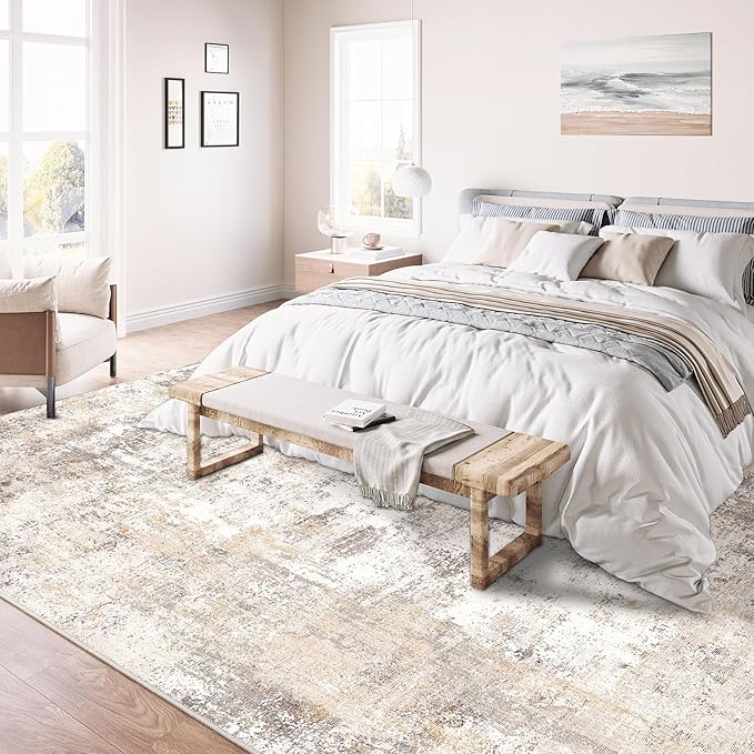 10x12 Washable Area Rug Beige Grey Neutral Abstract Living Room Bedroom Large Throw Rug Non Slip Soft Low Pile Indoor Floor Carpet for Dining Room Kitchen Office Entryway