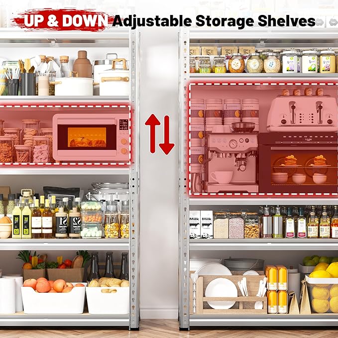 REIBII 2020LBS Garage Shelving Heavy Duty 5-Tier Storage Shelves Adjustable Metal Shelving for Warehouse, Basement, Easy Assembly, 72" H x 35.55" W x 16" D, Galvanized