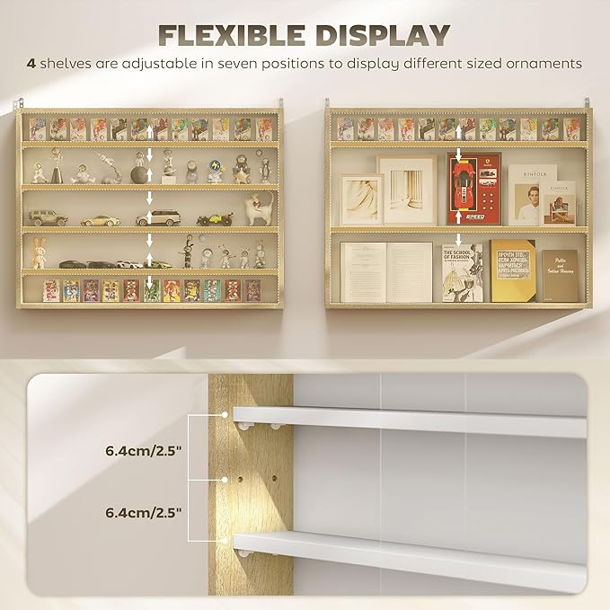 HOMCOM 5-Tier Display Cabinet, Glass Door Cabinet with Adjustable Shelves, Wall-Mounted Display Case for Playroom, Bedroom, Oak and White