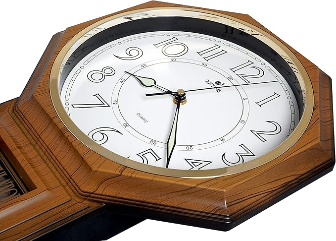 JUSTIME Traditional Schoolhouse Luminious Arabic Regulator Wall Clock, Chiming Wall Clocks with Pendulum & Westminster Chime Hourly, Schoolhouse Wall Decor Battery Operated (Light Wood Grain)