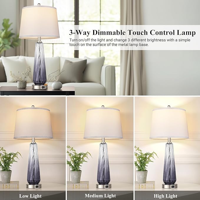 Glass Table Lamps for Living Room, Modern Bedside Lamps with USB A+C Ports, 3-Way Dimmable Touch Control Nightstand Lamp with White Linen Shade, 27.5" Large Lamps for Bedrooms Decor, Grey, 1 Pack
