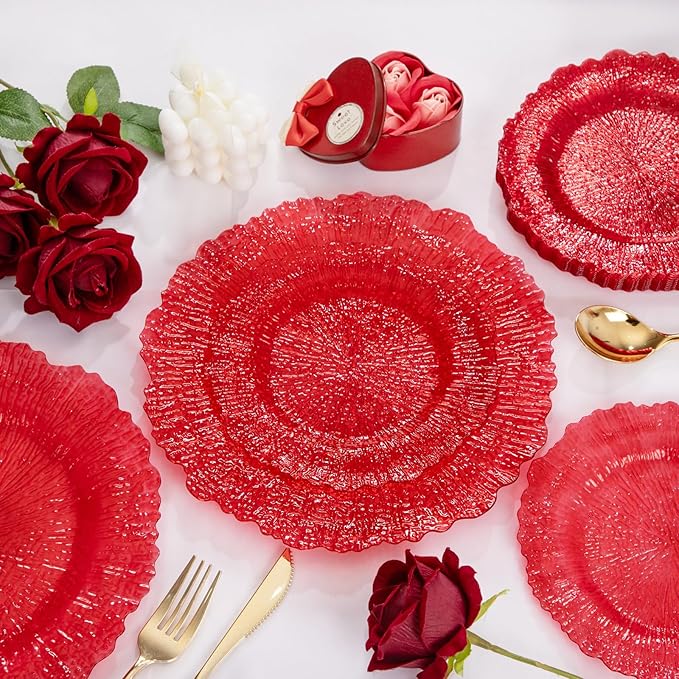 U-QE 60PCS Clear and Red Plastic Plates - Reef Plastic Plates Disposable&Reusable - Clear Red Plates Including 30 Plastic Dinner Plates 10" & 30 Plastic Dessert Plates 7" Perfect for Party & Wedding