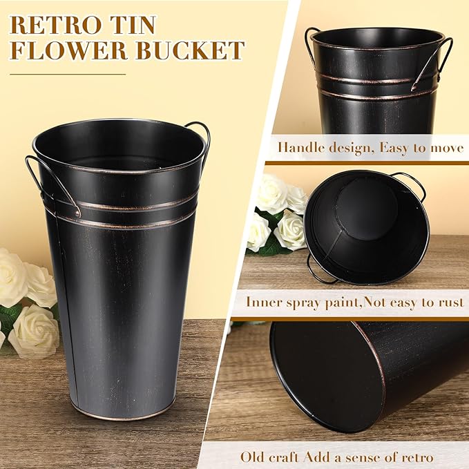 Irenare 12 Inch Vintage Galvanized Flower Bucket Metal Flower Vase Farmhouse French Bucket Planter Metal Floral Container for Party Table Centerpiece Weddings Home(Black,6 Pcs)
