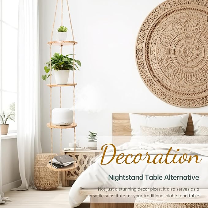 Hemp Rope Hanging Plant Shelf from Ceiling for Narrow Space or window Boho Hanging plant Shelves, Natural Pine Wooden Plant Stand Display for Indoor, Outdoor, Corner, Balcony, Living Room and Bedroom