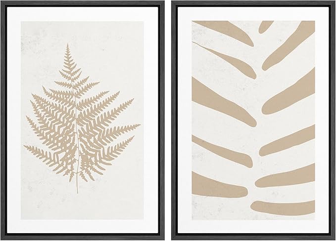 SIGNWIN Framed Canvas Print Wall Art Set Tan White Forest Plant Silhouettes Nature Wilderness Illustrations Modern Art Rustic Closeup Minimal for Living Room, Bedroom, Office - 16"x24"x2 Black