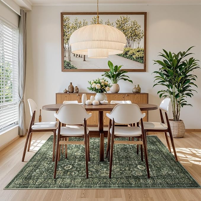 Morebes Washable Green 5x7 Area Rugs, Vintage Soft Bedroom Rug Non Slip, Non-Shedding Distressed Indoor Floor Throw Carpet for Bathroom Kitchen Living Dining Room Playroom Farmhouse