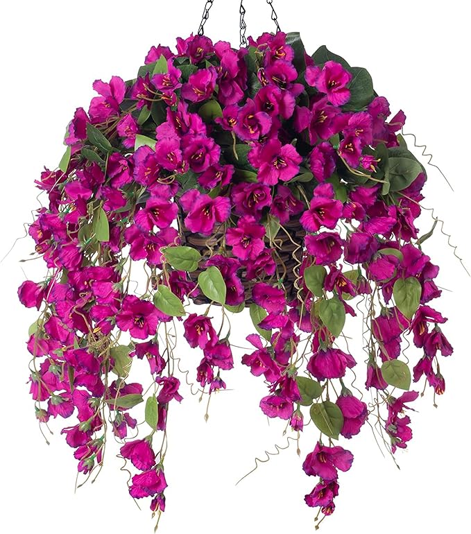 Artificial Fake Hanging Hibiscus Flowers Plants Baskets for Outdoor Decoration, Faux Silk Hibiscus Long Vines in Planter UV Resistant Realistic Flowers for Outside Porch Patio Home Decor(Purple 2)