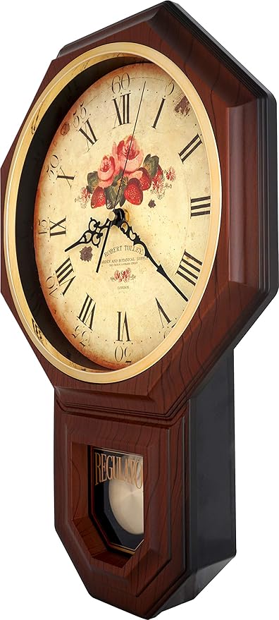JUSTIME Traditional Schoolhouse Classic Vintage Rose Regulator Wall Clock, Chiming Wall Clocks with Pendulum & Westminster Chime Hourly, Schoolhouse Wall Decor Battery Operated (Dark Wood Grain)