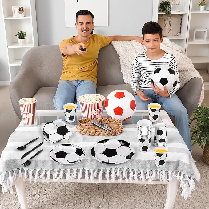 400 Pieces Soccer Disposable Party Tableware Sets Including Plates Cups Napkins Cutlery Serves 50 for Soccer Games Sports Birthday Party Decorations